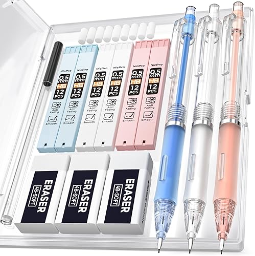 Nicpro Juego de 3 lápices mecánicos pastel, bonitos lápices mecánicos de 0.020 in con 6 tubos de plomo HB, 3 borradores, 9 repuestos de borrador, disponible en Yaxa Colombia