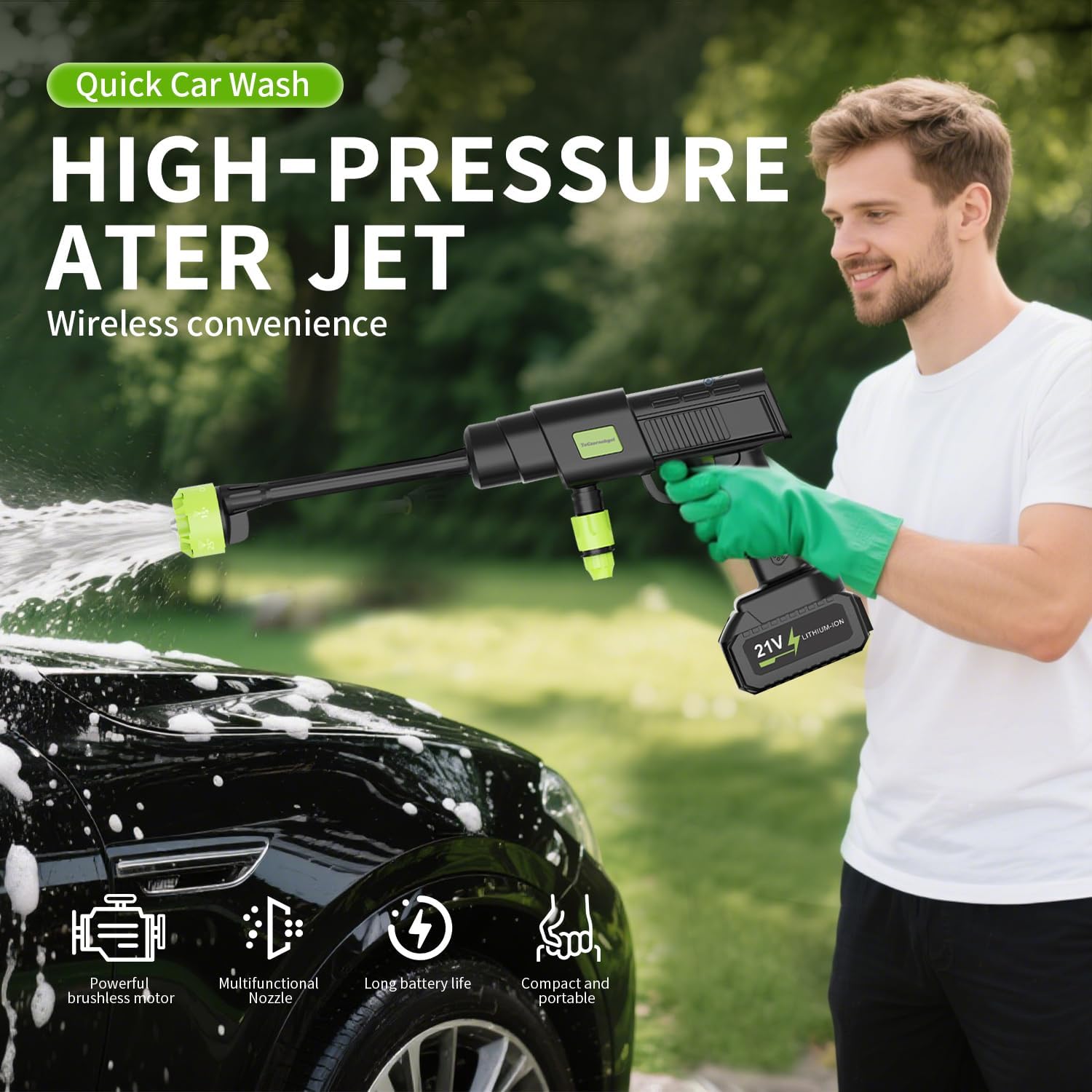 Cordless Pressure Washer Battery Powered, 10 Speed Adjustment, 990PSI Portable Power Washer, with 6-in-1 Nozzle, 16.4FT High-Elastic Hose, 21V Battery&Charger for Home, Car, Garden, Patio, Floor - Image 2