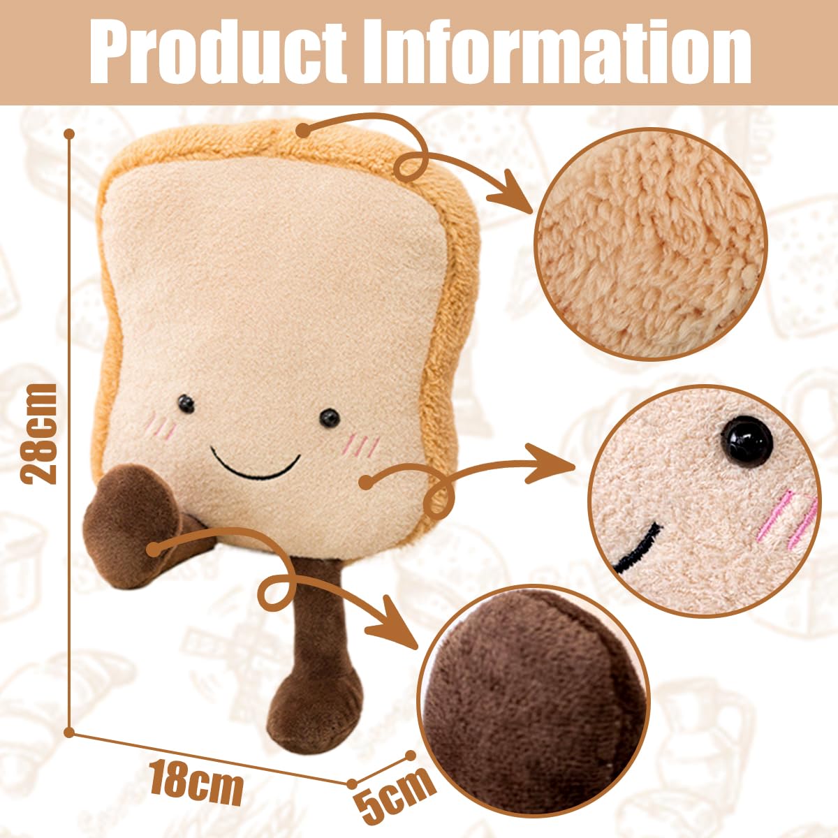 BSNRDX Cute Plush Toys for Kids Funny Bread Shape Plush Toy Cushion, Soft Plush Toy Toast Cut Bread Cushion - Image 2