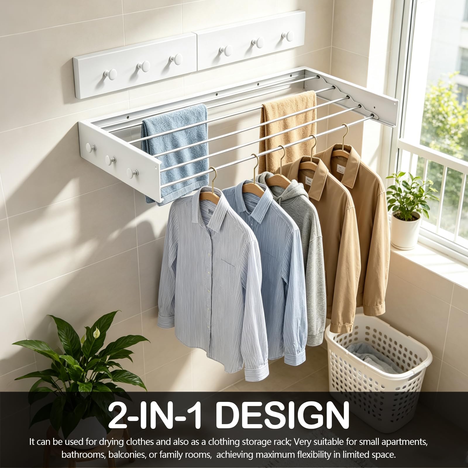 Stendibiancheria Estensibile Da Parete Da 80cm Con 6 Ganci Stendibiancheria In Alluminio Per Balcone Bagno O Termosifone Invisibile E Salvaspazio Supporta Fino A 30 Kg Bianco
