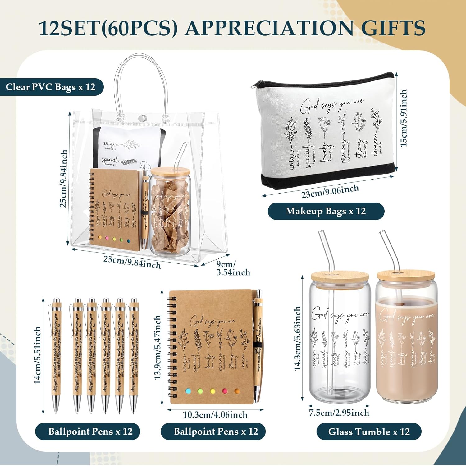60 Pcs Mother Day Christian Gifts Bulk Gold Says Glass Cup Makeup Bag Bamboo Pen Bible Notebook and Bag for Women Sunday School Religious Party