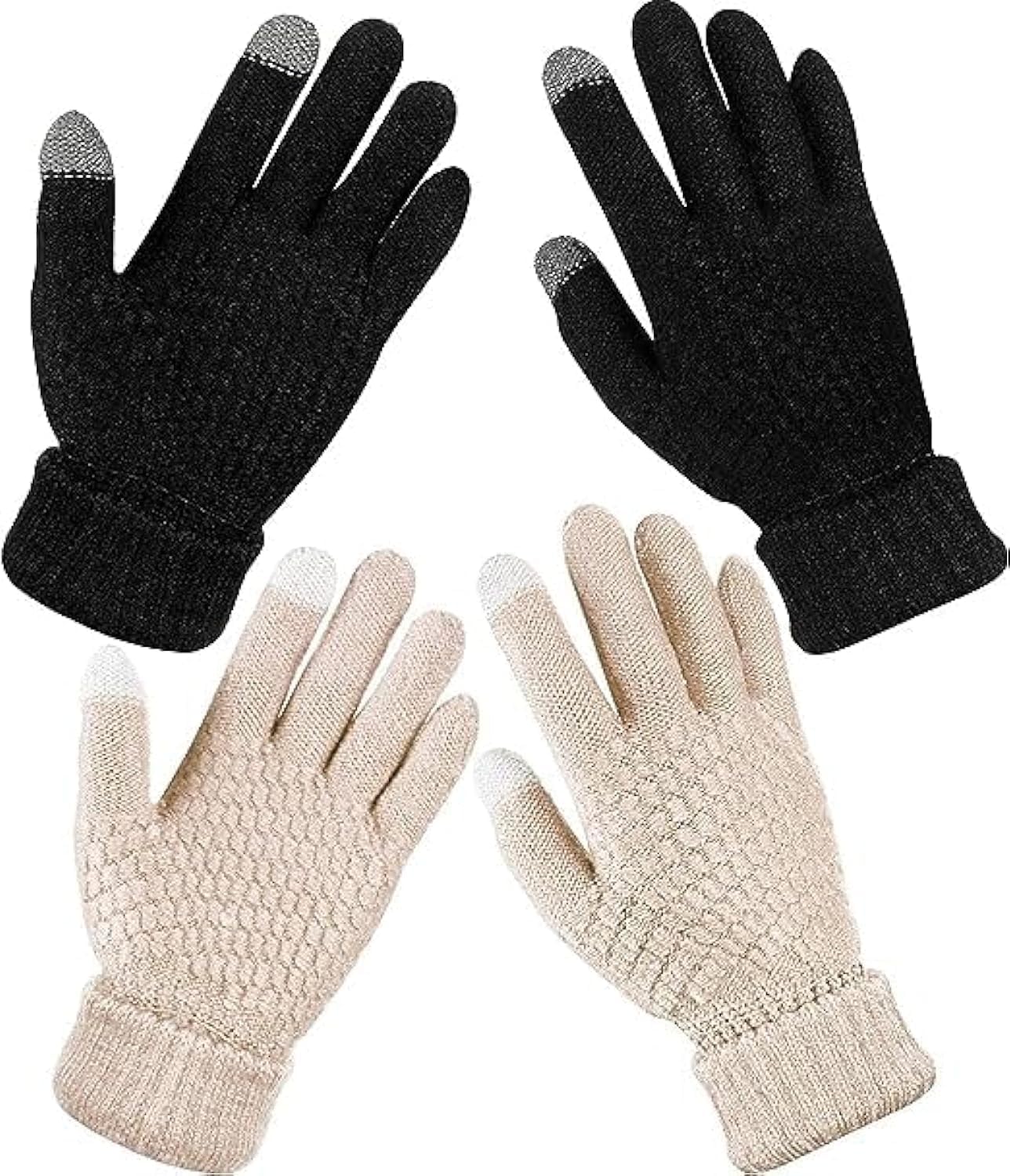 2 Pairs Women's Winter Touchscreen Gloves Warm Fleece Lined Knit Gloves Elastic Cuff Winter Texting Gloves