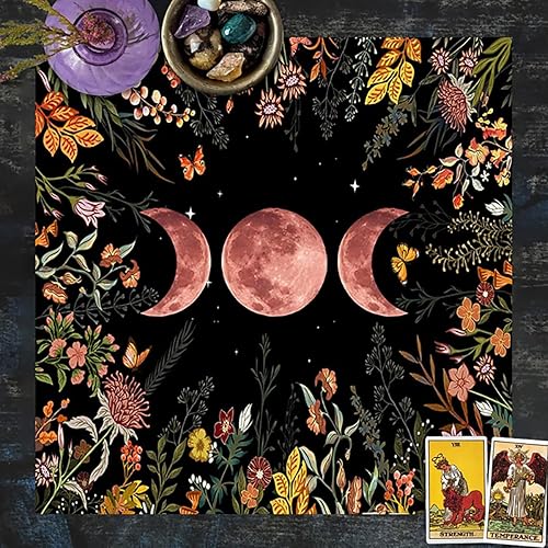 Mantel de tarot floral negro de fase lunar, tela de altar de astrología, tarot, tarjetas de adivinación, mantel de brujería, tapiz para decoración