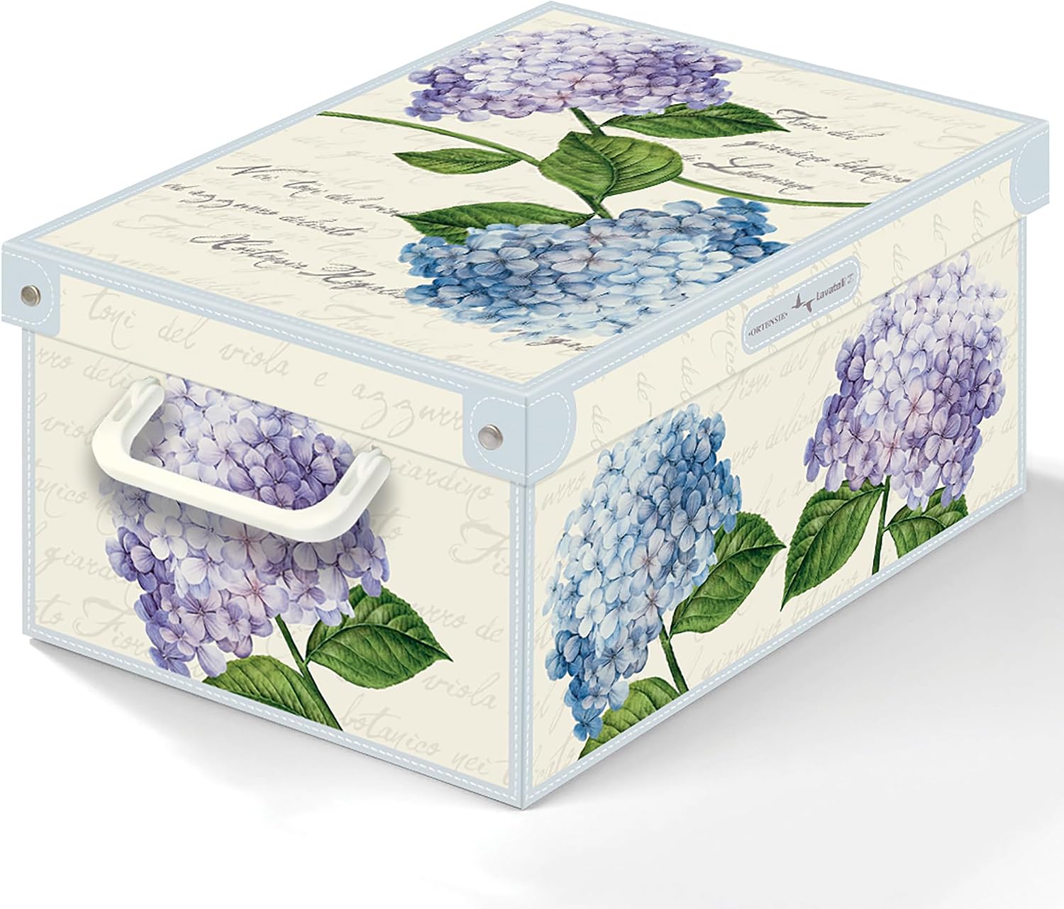 Lavatelli: Storage Box: Medium - Hortensia Hydrangeas - Lid & Handles, Decorative Cardboard Organizer, Stacks, Home-Clothes-Linens, 16.5 x 12.6 x 6.9