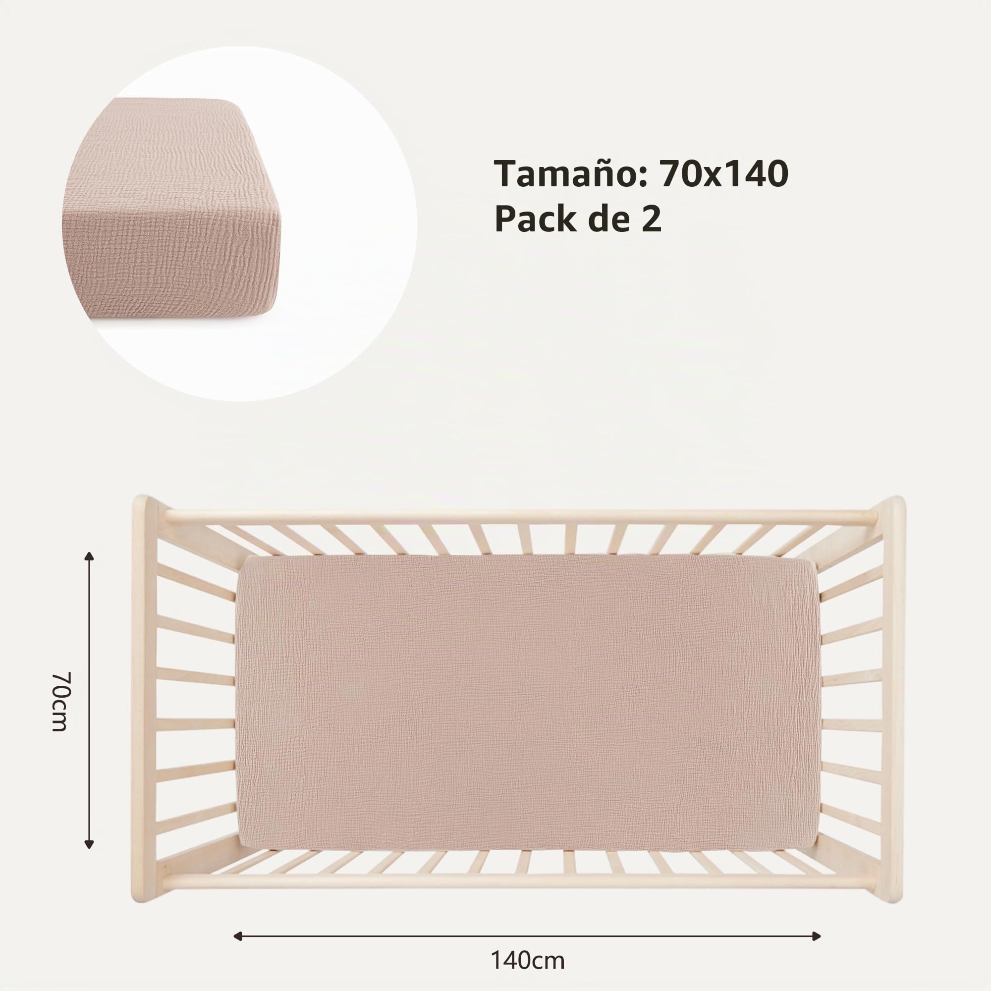Bearmoss Sábana de Muselina, 100% Algodón, para Colchón Estándar de Cuna y Colchón de Cama Infantil, 60 x 120 cm/70 x 140 cm,Sabana Bajera Cuna Ajustables para Cama Auxiliar (Beige, 70x140)