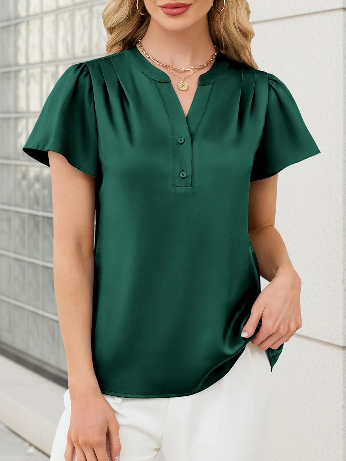 Funlingo Women's Silk Satin Tops Dressy Casual Ruffle Short Sleeve Blouses Summer V Neck Pleated Button Down Shirts - Image 2