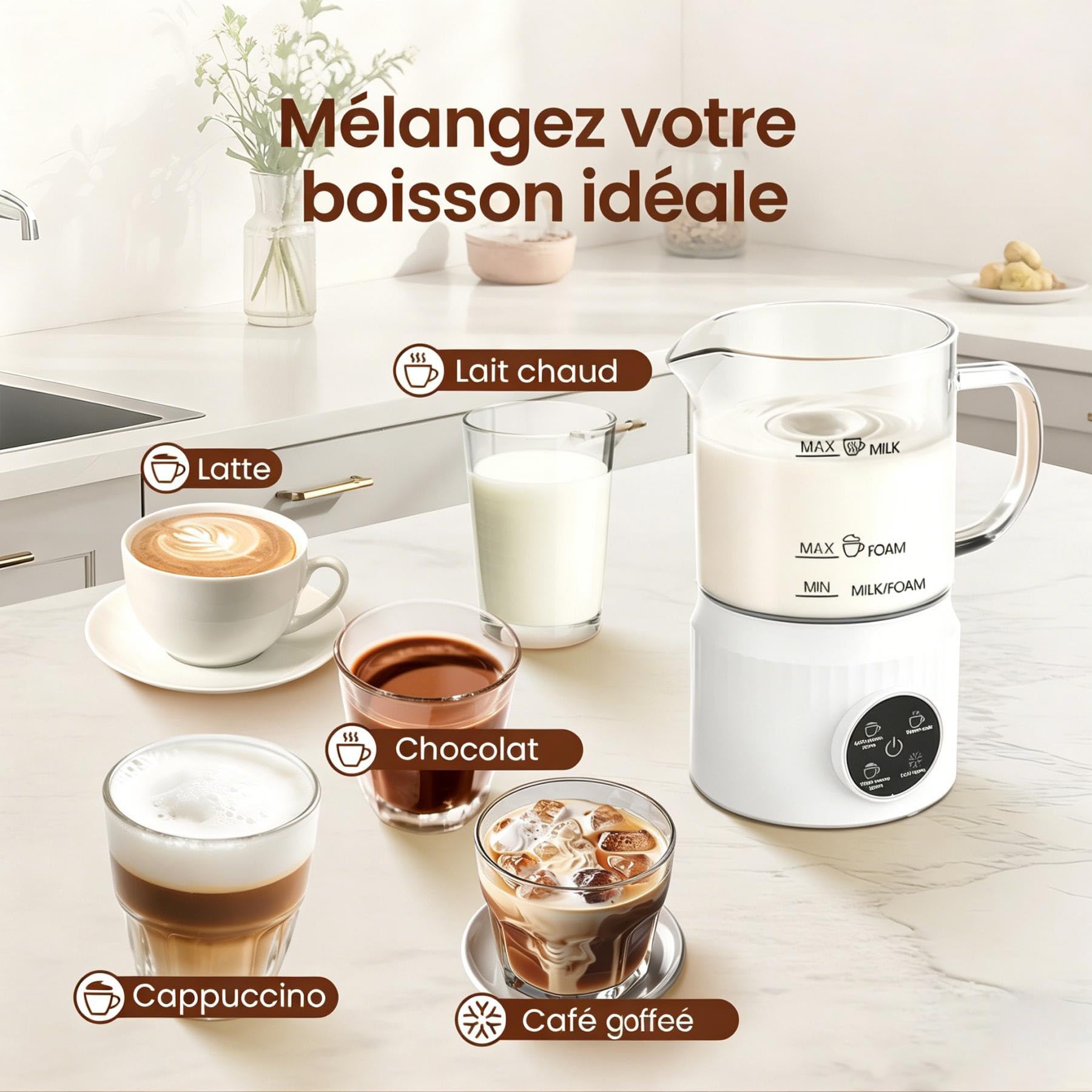 Mousseur à Lait Électrique 4 en 1 avec Chauffe Lait, Carafe Transparente pour Contrôle Visuel, Commande Tactile, Mousse Chaude et Froide pour Café, Latte, Cappuccino, Verre