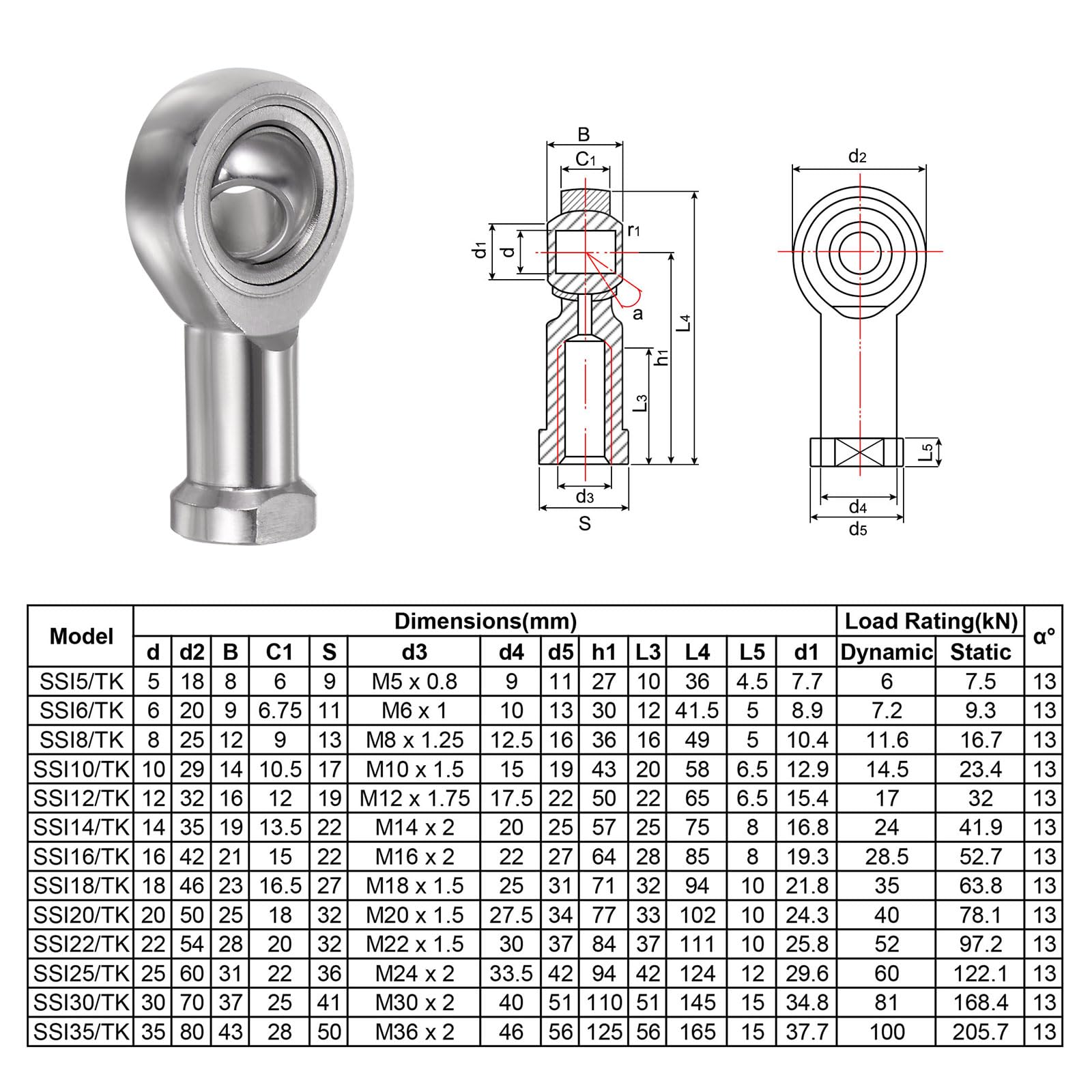 QUARKZMAN 4pz SSI8T/K Cuscinetto a Estremità a Snodo Femmina M8 Diametro e M8x1.25 Filettatura Destrorsa, Estremità Barre Articolazione in Acciaio Inossidabile, Include Dadi di Serraggio