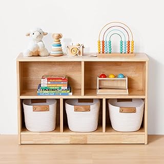OOOK Rubber Wood 5-Compartment Montessori Shelf, 35.4" L Toddler Bookshelf, 2-Tier Wooden Storage Cabinet, Kids Classroom Organizer, Playroom, Daycare and Preschool Storage Shelves