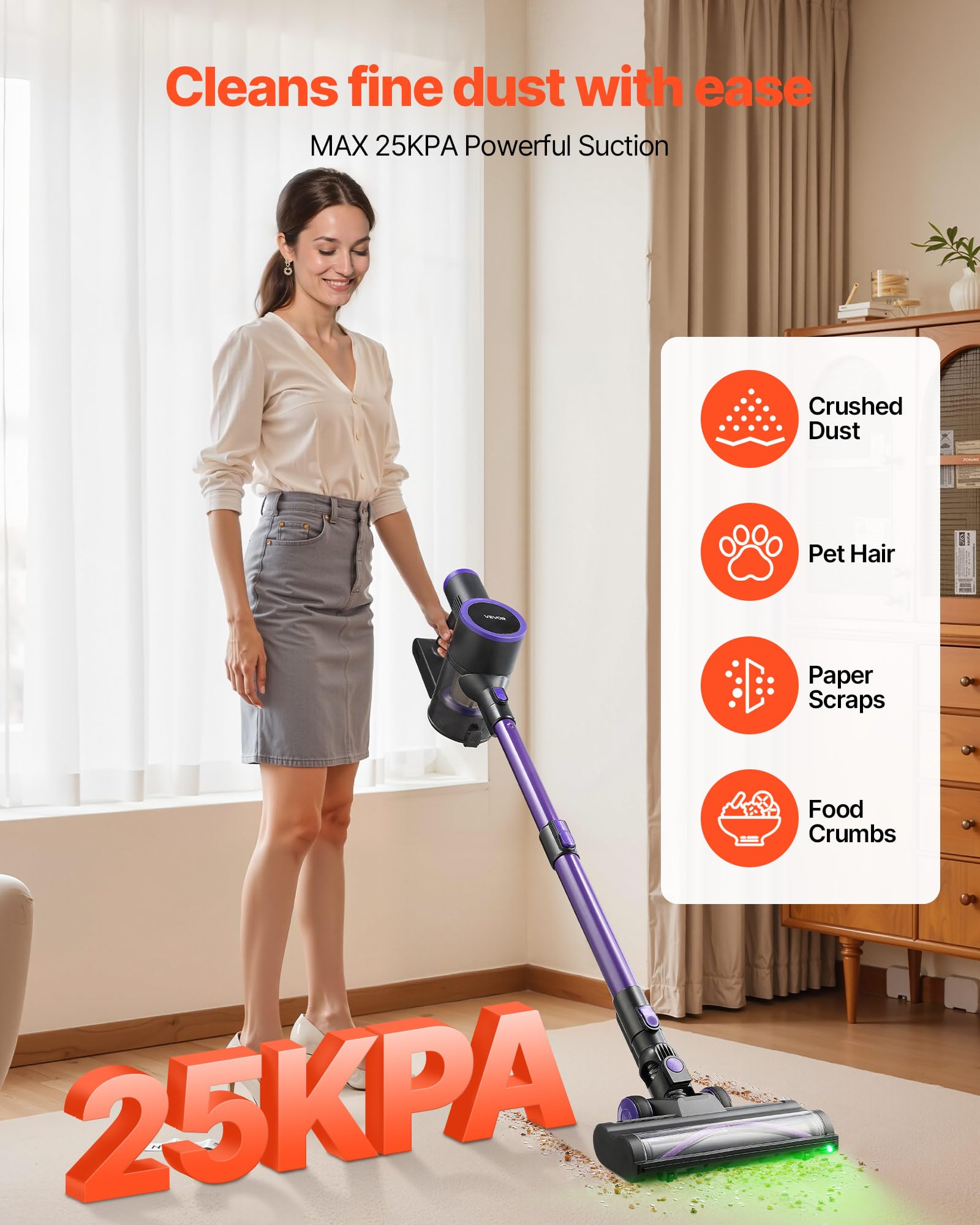 VEVOR Aspirateur Balai sans Fil à Aspiration Puissante 25 kPa, Aspirateur Laveur Rechargeable Anti-enchevêtrement avec Bac à Poussière, Léger avec Autonomie de 35 Minutes, pour Tapis Poils Sols Durs