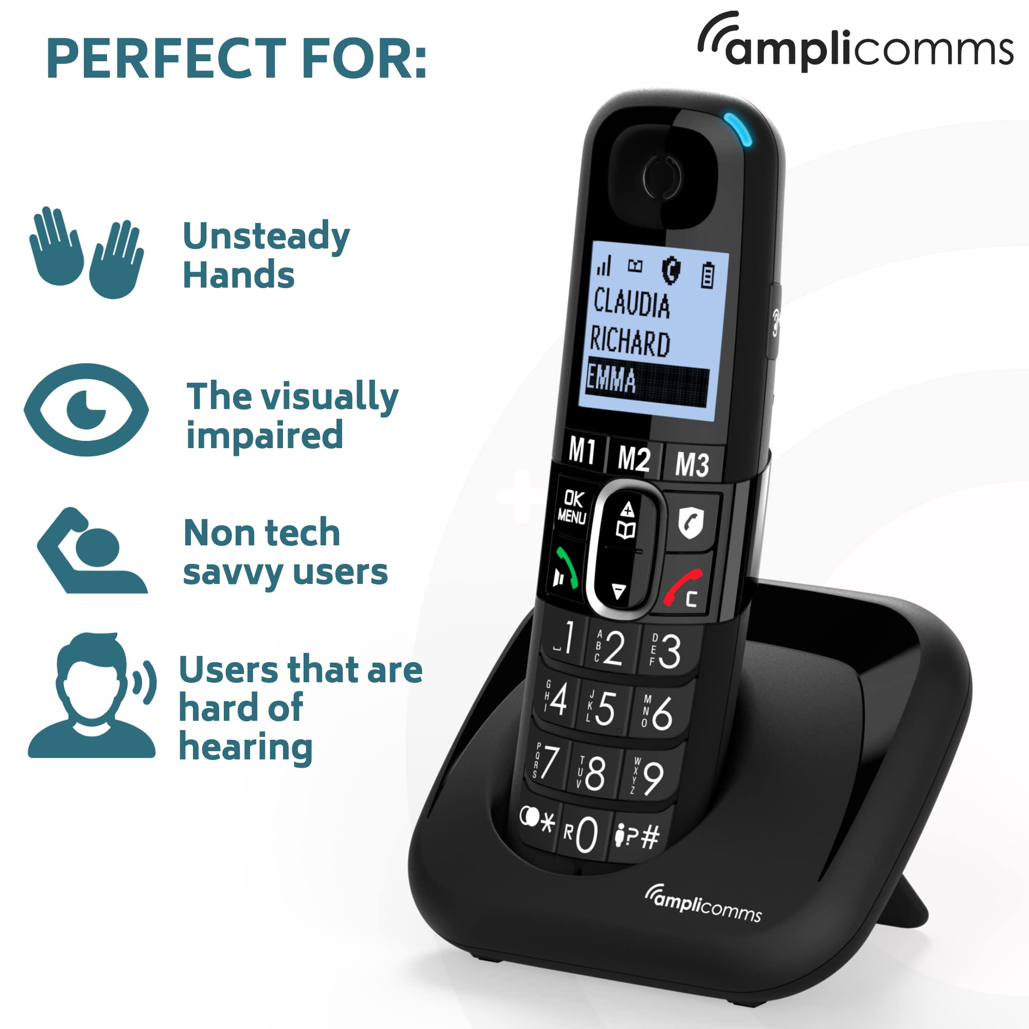 Amplicomms BigTel 1502 Cordless Big Button Phone for Elderly with Additional Handset - Loud Phones for Hard of Hearing for Seniors- Hearing Aid Compatible