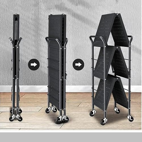 Miniatura 3 de MYOYAY Carrito de almacenamiento plegable de 3 niveles, estante de pie, carrito de servicio móvil con ruedas, sin montaje, organizador de cocina,