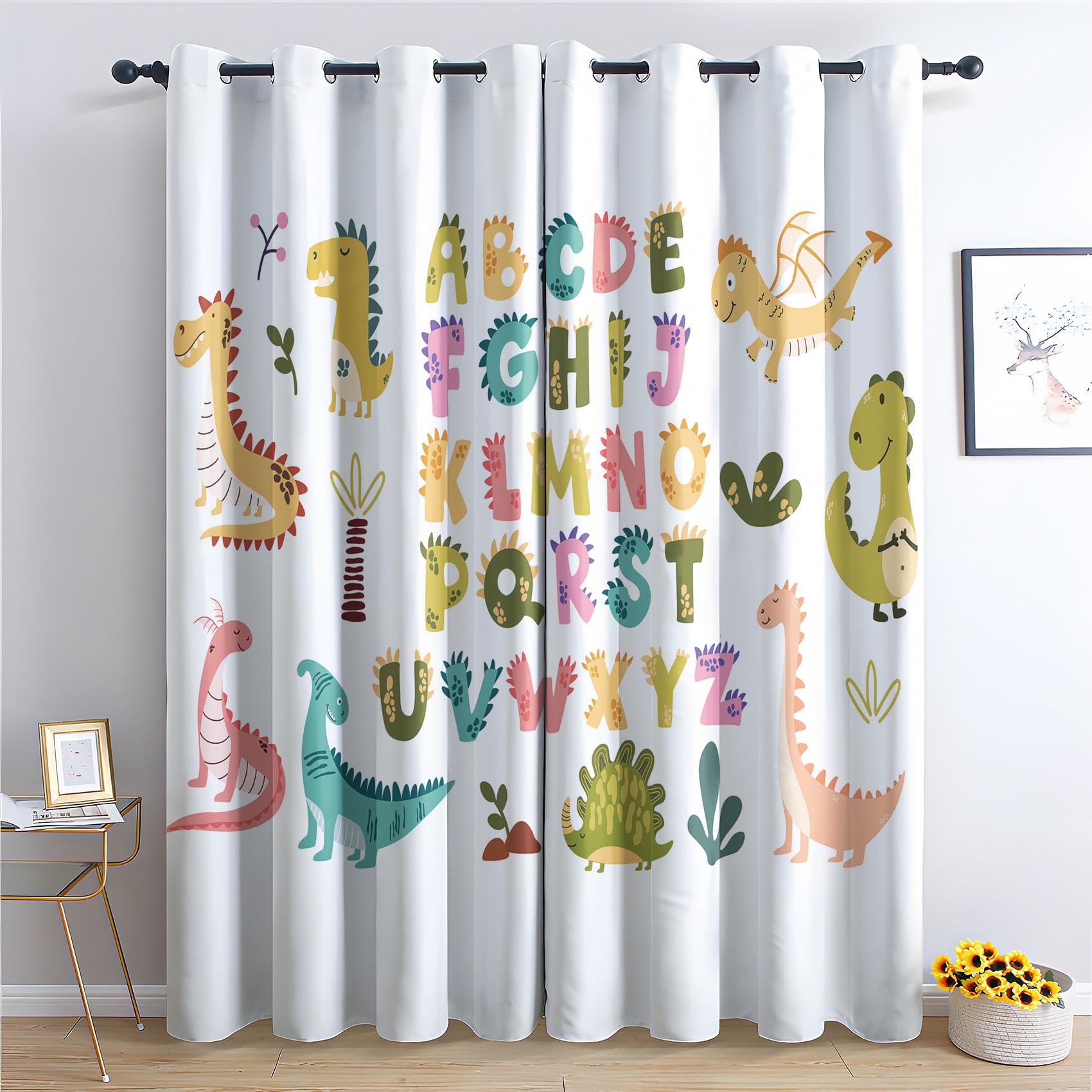 Lot de 2 rideaux occultants avec anneaux pour fenêtre de chambre à coucher et salon Motif dinosaure 140 x 270 cm
