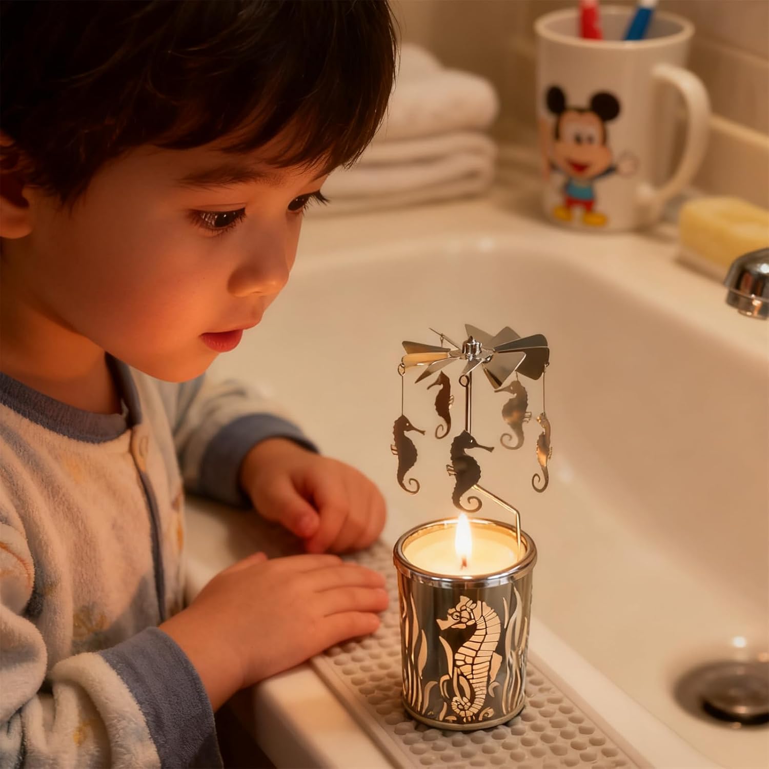 Metal Rotary Candle Holder Spinning Windmill Tea Light Carousel Decor for Home & Gifts (Silver Seahorse)
