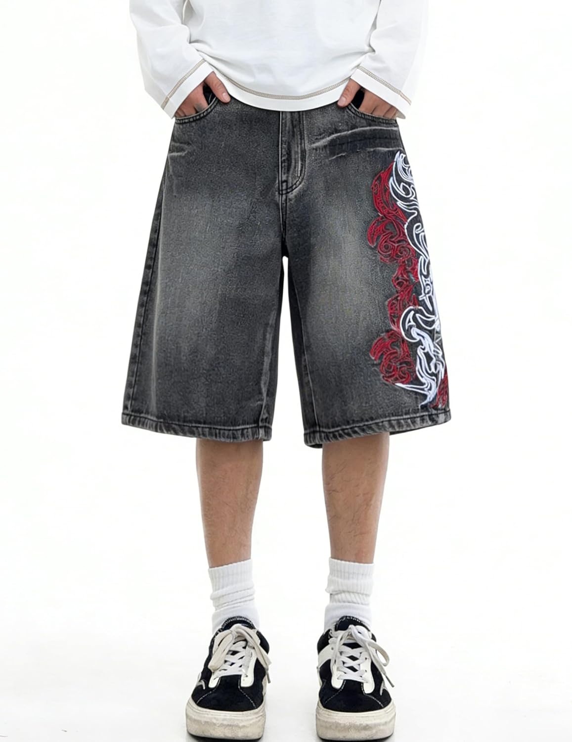 Mens Baggy Jeans Jorts Vintage Loose Fit Hip Hop Y2K Embroidered Wide Leg Summer Denim Shorts Streetwear