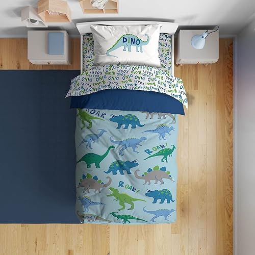 Sunny Side Up Dino Roar - Juego de edredón para niños pequeños, ropa de cama preescolar de 4 piezas, incluye edredón, sábanas y funda de almohada,