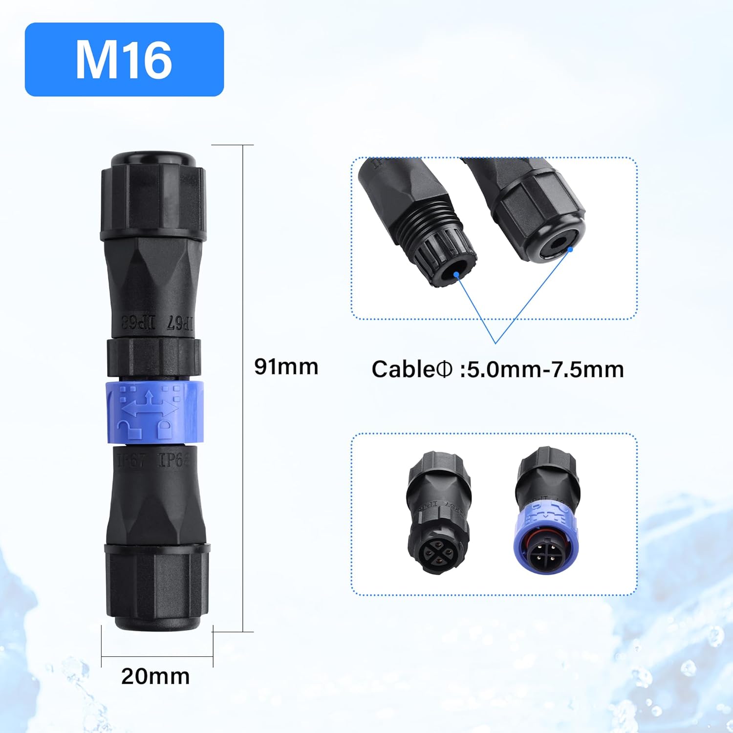 PNGKNYOCN IP67 M16 4Pin Waterproof Connector，Quick Self-Locking Waterproof Wiring Terminal Adapter for Wire Connector Outdoor Junction Box