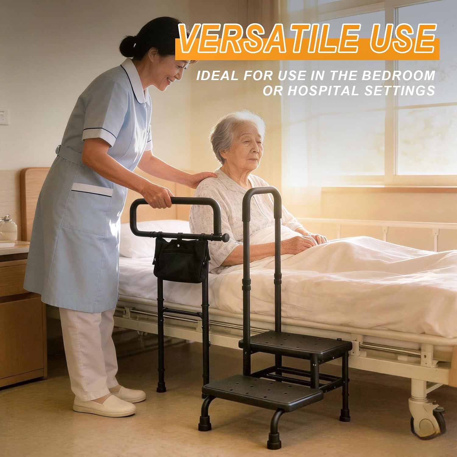 Bed Rails for Senior, Step Stool with Handle for Ederly - Extended Bed Assist Rail for Seniors with Storage Bag - Adjustable Bed Side Rails with Foot Stool, Fits Twin Full Queen King