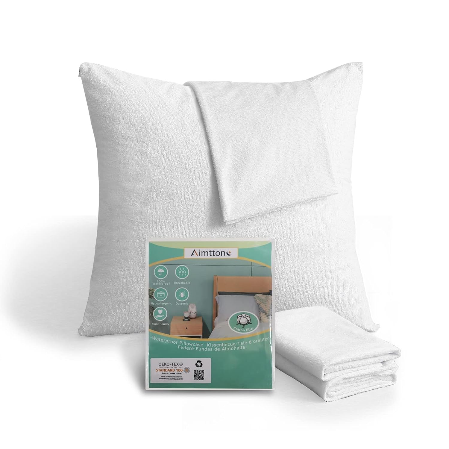 Aimtton Wasserdichter Kissenbezug 60 × 60 cm – Baumwolle 2 Stück Kissenschoner ​mit Reißverschluss – Atmungsaktiv, Hypoallergen, Anti-Milben (Weiß)