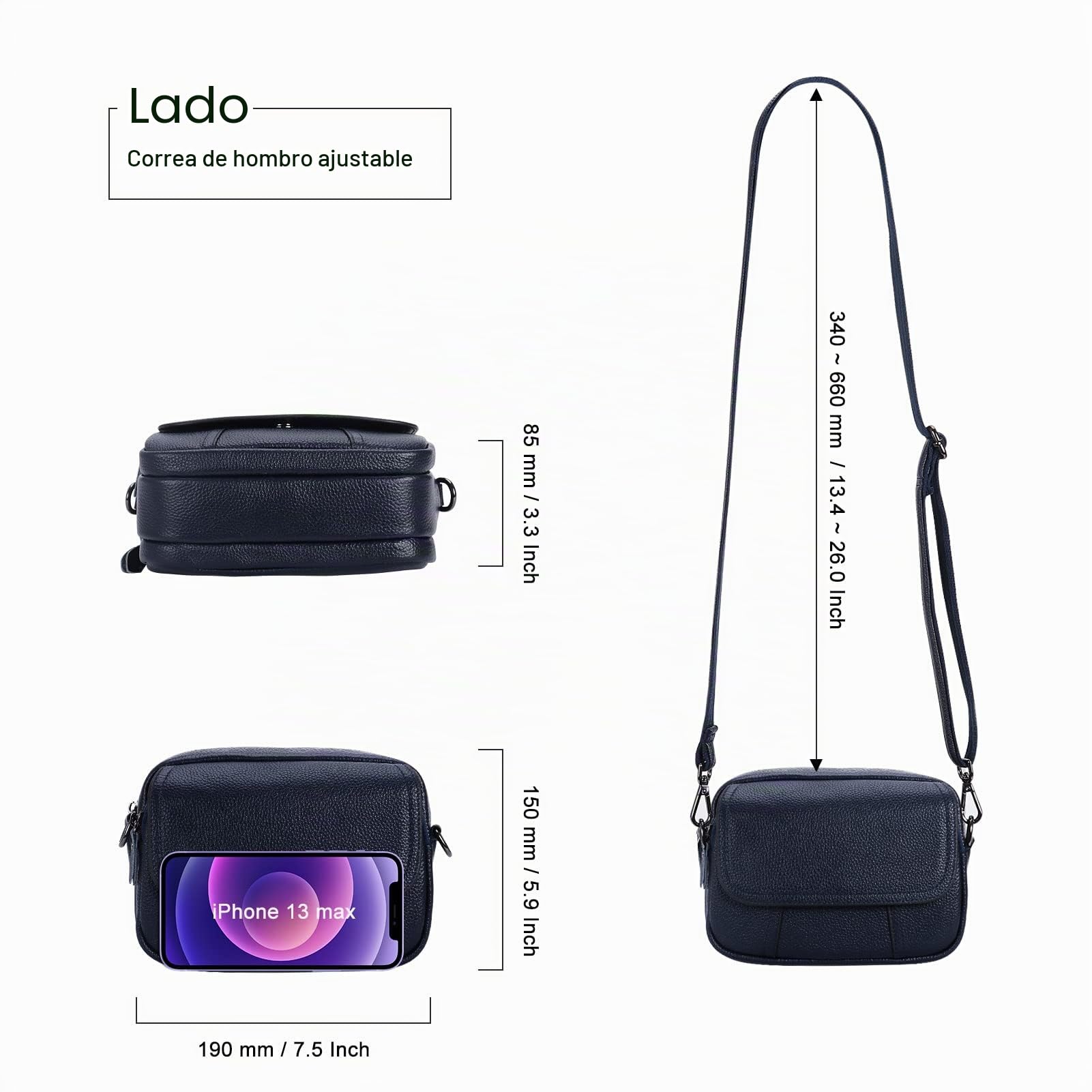 HUA ANGEL Bolso Bandolera Mujer Piel Auténtica, Bolso Pequeño de Cuero con 3 Compartimentos, Bolsos Mujer Móvil Elegante Bolsitos para Diario Trabajo Viaje Fiesta