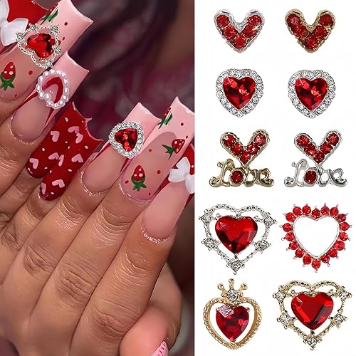 Miniatura 5 de Dijes de uñas para el día de San Valentín para arte de uñas, 15 piezas de dijes de corazón rojo, diamantes de imitación de uñas de corazón 3D,