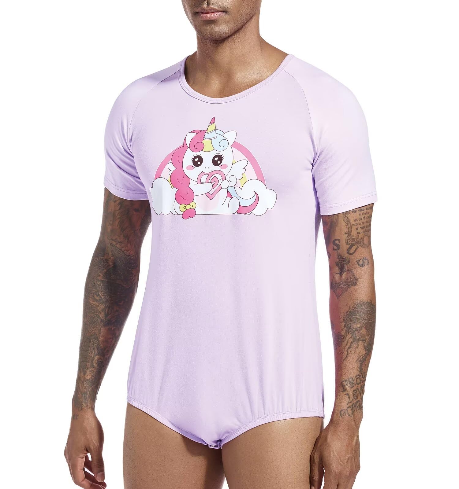 Landofgenie Onesie Pyjama Herren Bodysuit Botton Crotch Top Shirt Raglanärmel Rompers für Männer Lila Pyjama mit Einhorn Print