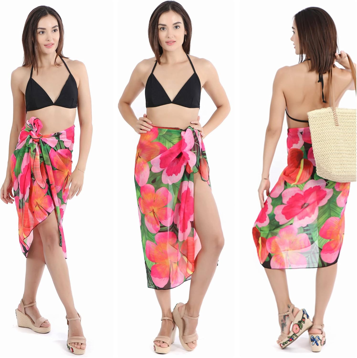 Ayliss Womens Swimwear Chiffon Cover up Solid Color Printed Beach Sarong Swimsuit Wrap Skirt Bathing Bikini Resort Wear - Image 2