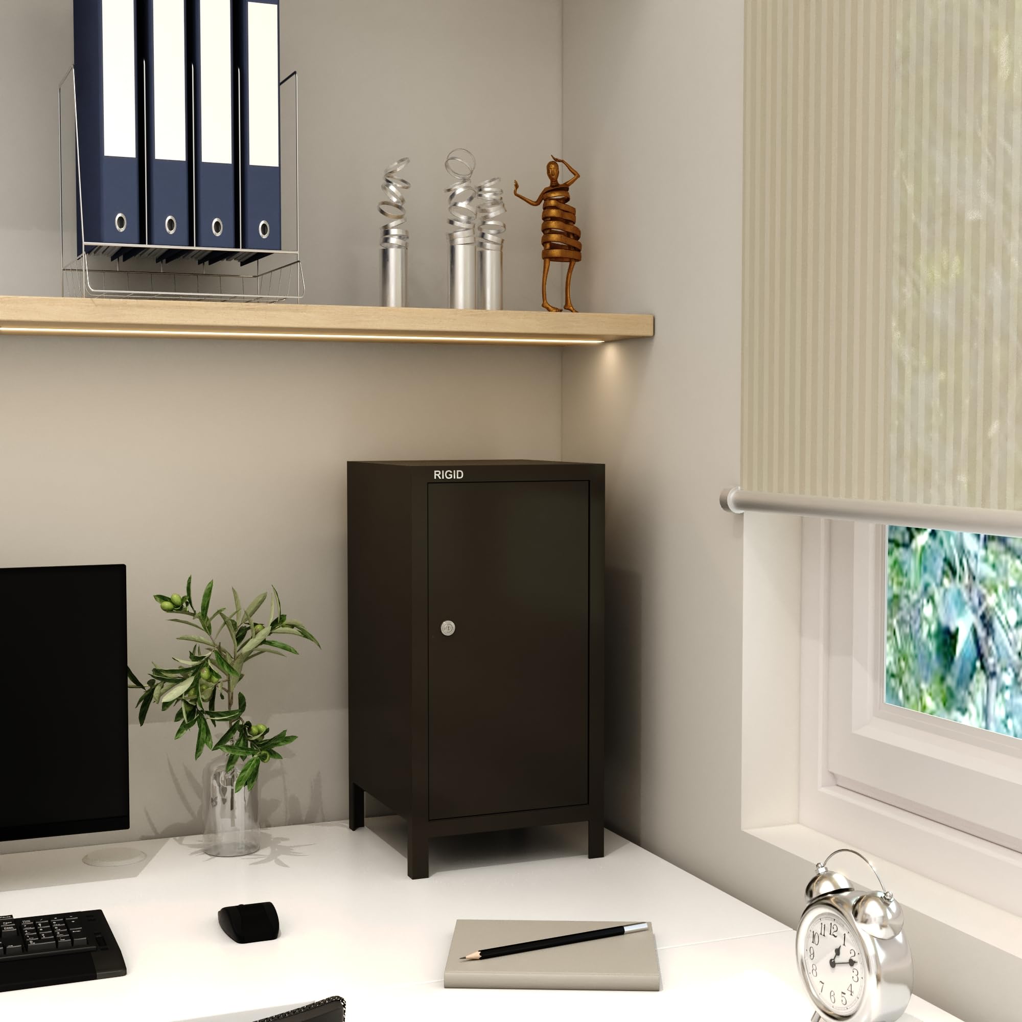 RIGID Single Door Mini Steel Locker with Lock and Key | Compact Metal Storage Cabinet for Home, Office & Personal use | Space Saving Design, Secure Locking, Black (23.5D x 23.5W x 46H CM) Assembled