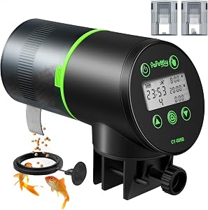 Papettly Automatic Fish Feeder for Aquarium - Auto Fish Food Dispenser with LCD Display for Fish Tank, 200ml Smart Auto Vacation Timer Turtle Feeder, with 2 AAA Batteries and Fish Feeder Ring