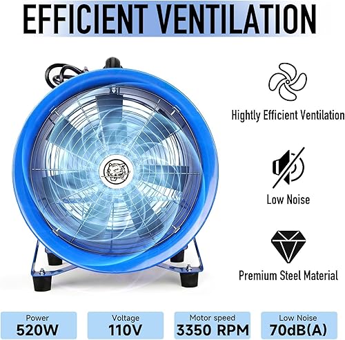 Miniatura 2 de Ventilador de manguera axial de escape de 12 pulgadas con manguera de vinilo de 33 pies, ventilador cilíndrico resistente, ventilador portátil de