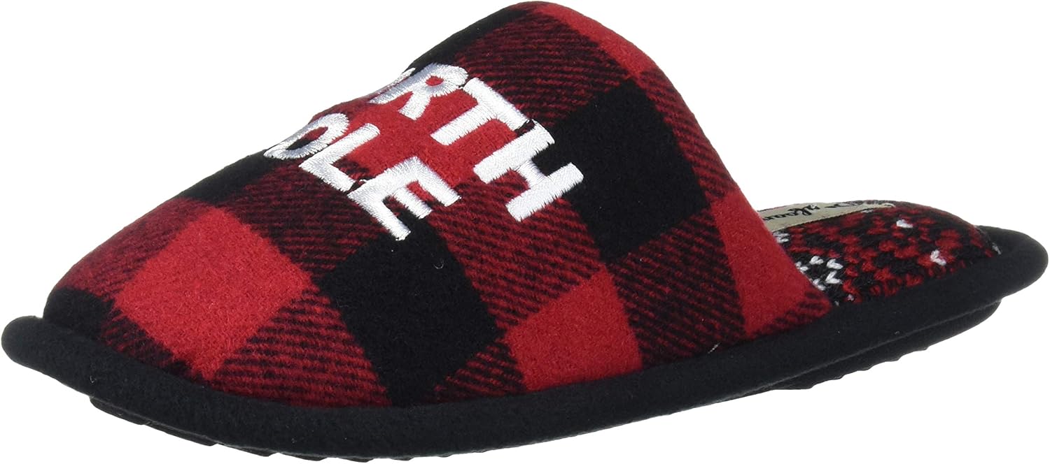 Dearfoams unisex-adult Holiday Funny Character Ugly Sweater Scuff Slipper, Straight Outta north pole Red Plaid, 6 Women/ 4 Men M US