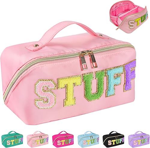 Huifen Bolsa de aseo con letras bordadas, de chenilla, de nailon, impermeable, bolsa de aseo para mujer, portátil, multifuncional, de gran