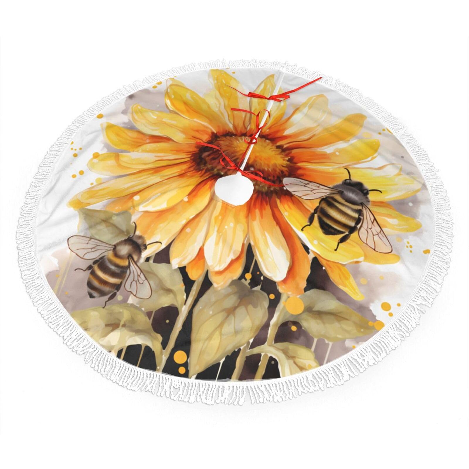 Blackboard Bees Sunflowers Christmas Tree Skirt 30", Soft Plush Xmas Tree Carpet with Tassel Christmas Ornaments Winter Holiday Tree Mat Decoration for Home Party Supplies