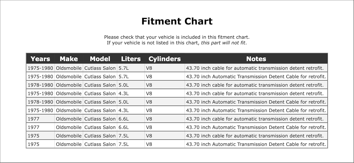 Automatic Transmission Detent Cable Compatible With Oldsmobile Cutlass Salon 1980 1979 1978 1977 1976 1975 P-2923942