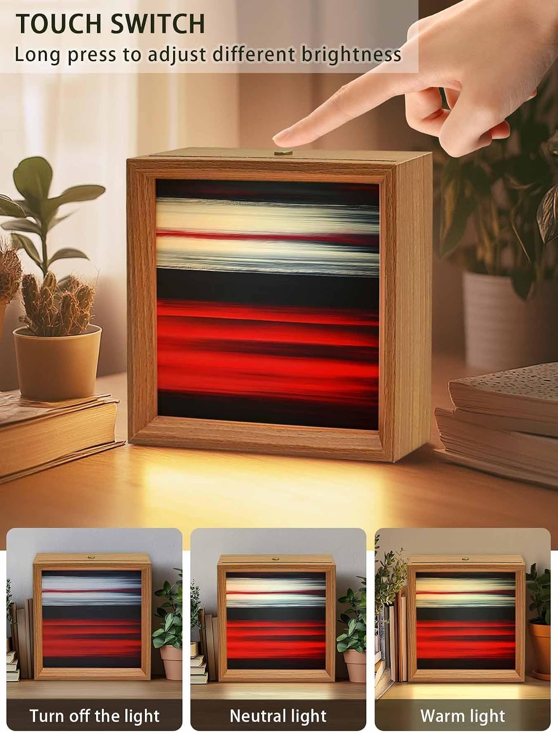 Wooden LED Night Light Box Abstract Red White Black Gradient Wood Picture Frame - USB Rechargeable Dimmable Touch Table Light for Home Decor or Desktop Display Modern Color Mosaic Art,6.5in image 5