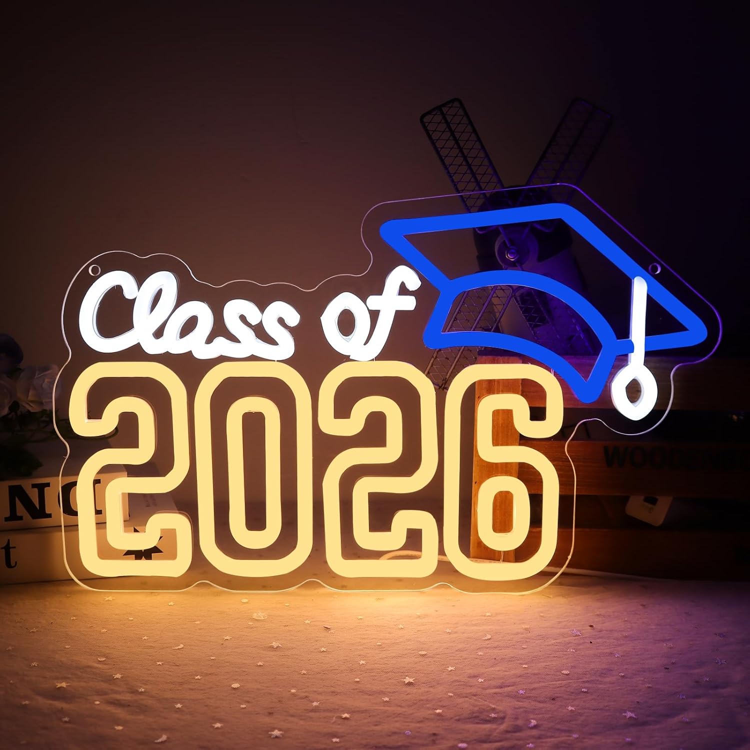 Class of 2026 LED Neon Sign Graduation Party Decor 15.3x9.4 Inch Blue White Warm White Combo Light Up Letters Dimmable Grad Sign for Dorm Room Backdrop Graduation Celebration Gift