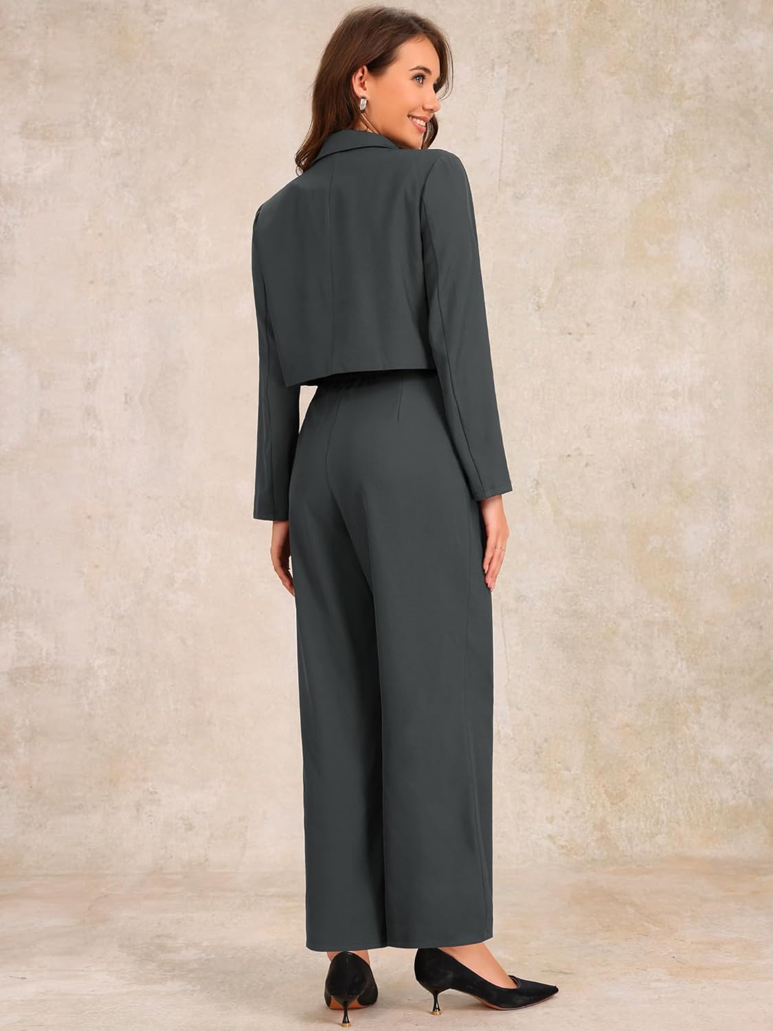 Allegra K Women's 2 Piece Set Business Casual Outfit Notched Lapel Crop Jacket Wide Leg Pant Work Suits