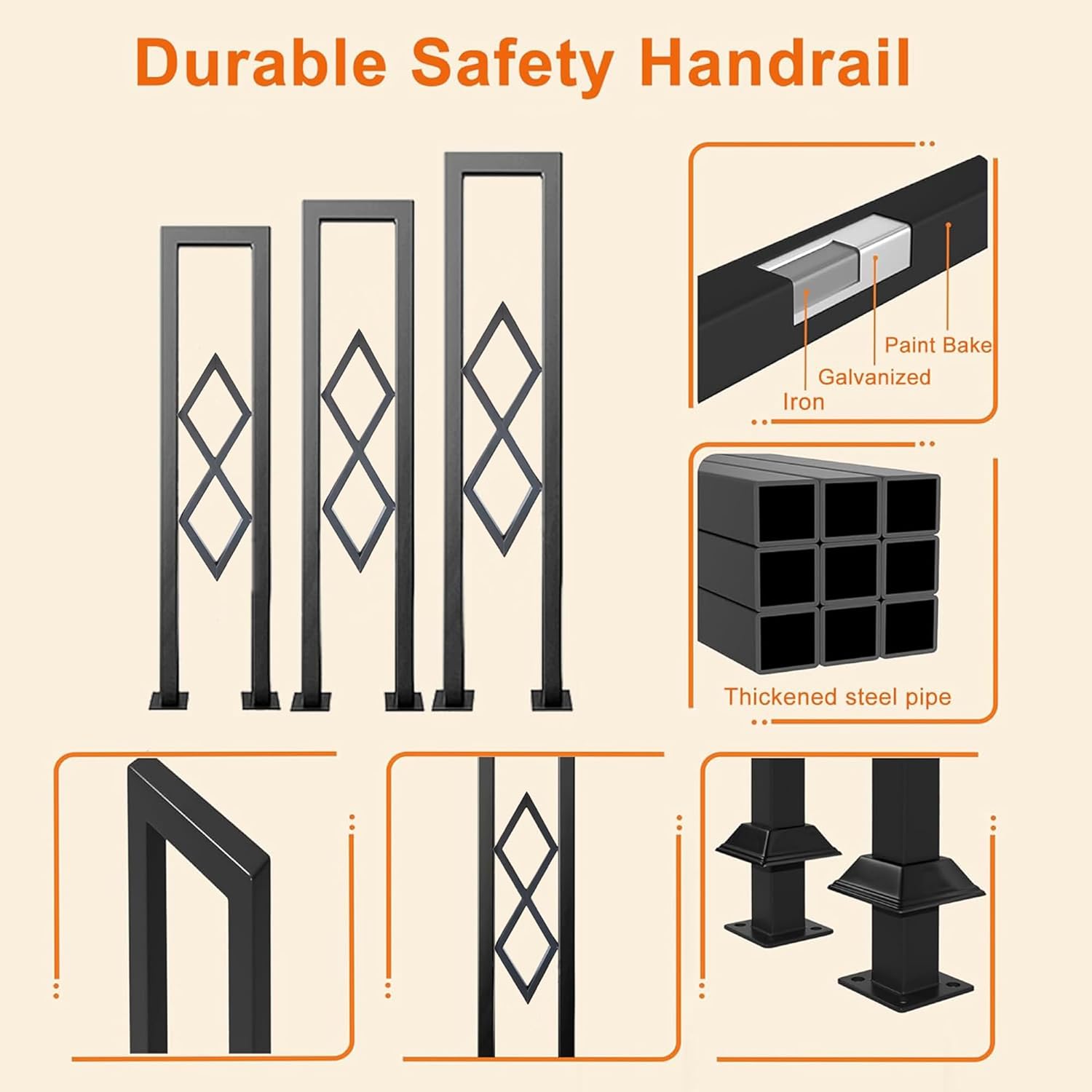 U-Shaped Stair Handrail, Black Wrought Iron Hand Rails Decorative Railing for Indoor Stairs, Porch Deck Loft Corridor Safety Non-Slip Support Poles, with Diamond Pattern (Black/3FT/90CM)