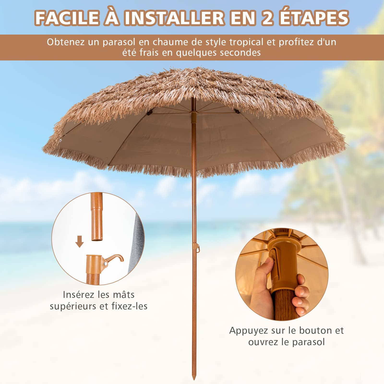 GOPLUS 2,4M Parasol en Paille PP avec Toit Inclinable, Parasol Chaume de Style Hawaïen Tropical Baleines, Bloquer Soleil, pour Patio/Terrasse Jardin H.2,2M