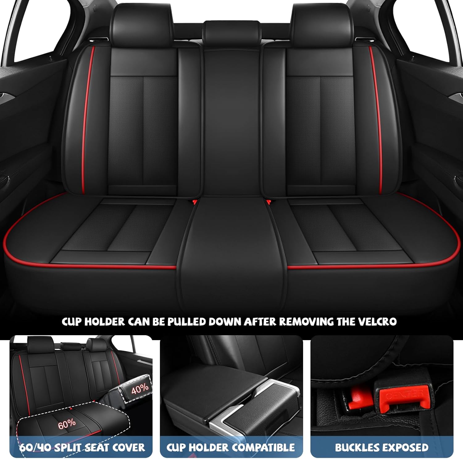 ILMO Seat Covers Tailored for Toyota Prius 2001-2026– Soft Nappa Leather Carseat Covers with Airbag Compatibility– Wear-Resistant Seats Cover (Black&Red, Full Set)