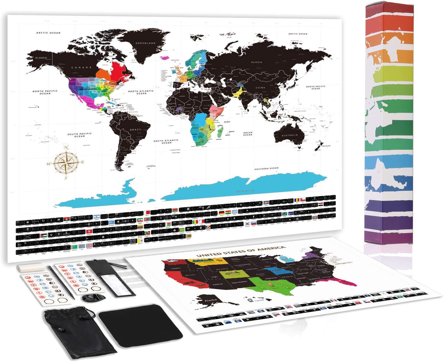 Scratch Off Map of The World - World Map(23.4" x 16.5") with Extra Scratch Off USA Map, Country Flags, US States, Full Accessories Set & Name-Tagged Gift Box
