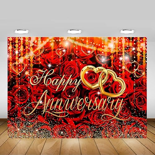 Miniatura 10 de Mocsicka Telón de fondo de feliz aniversario, decoración de fiesta de aniversario, rosas rojas, flores doradas, fondo de corazón bokeh dorado,