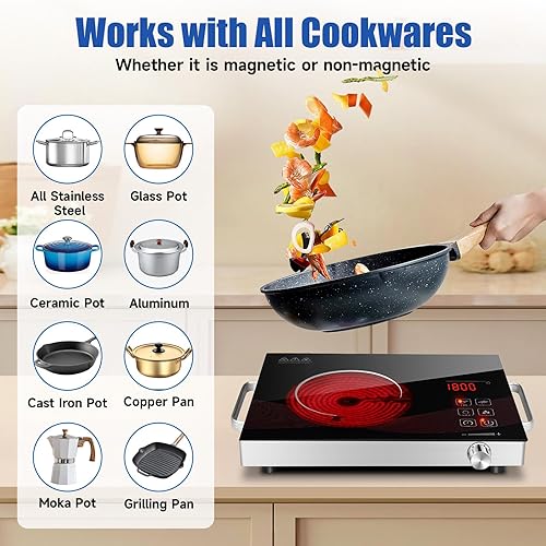 Miniatura 4 de Placa eléctrica de cocción individual quemador para cocinar, estufa portátil de pie independiente quemador único, placa de cocina de cerámica de