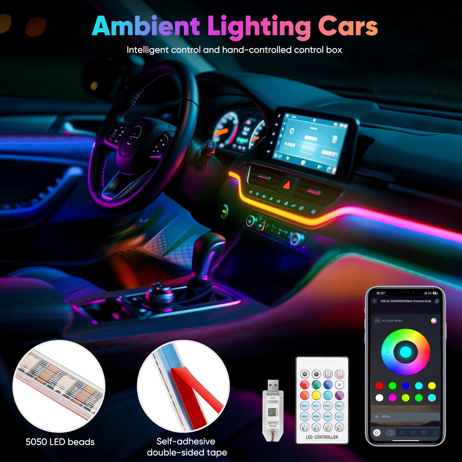 GPJYD Iluminación ambiental 5 en 1 para coche, tira LED RGB, iluminación interior del coche