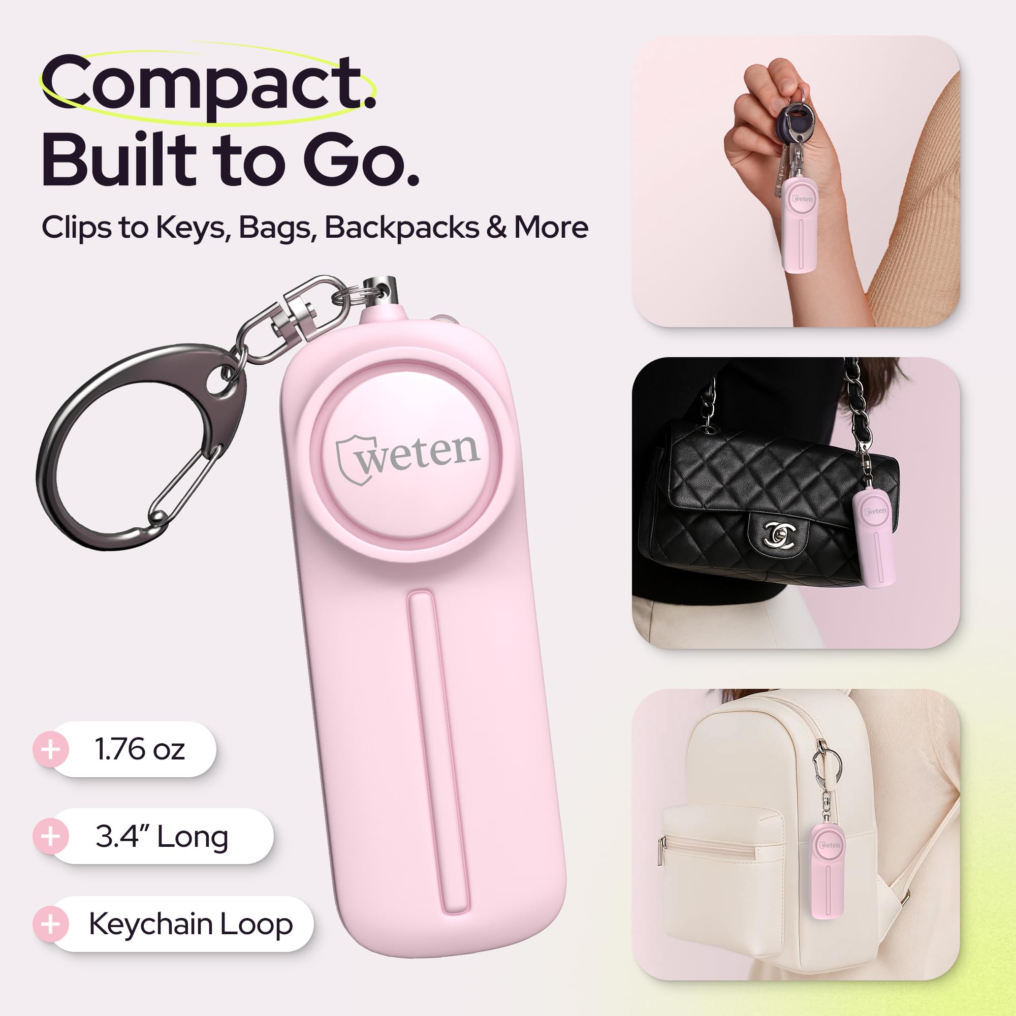 WETEN - Portachiavi con allarme personale, 130 dB, con luce LED, allarme di emergenza, per donne, uomini, bambini, anziani e jogging, Mocassini eleganti da donna