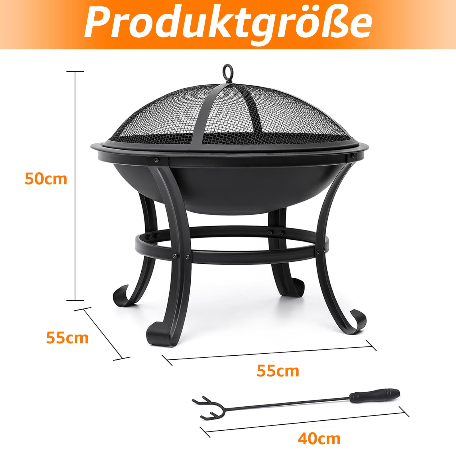 Garpans Feuerschale mit Funkenschutz Ø 55 cm Outdoor Feuerstelle Feuerkorb für Heizung Fire Pit Garten Camping Terrasse Schwarz