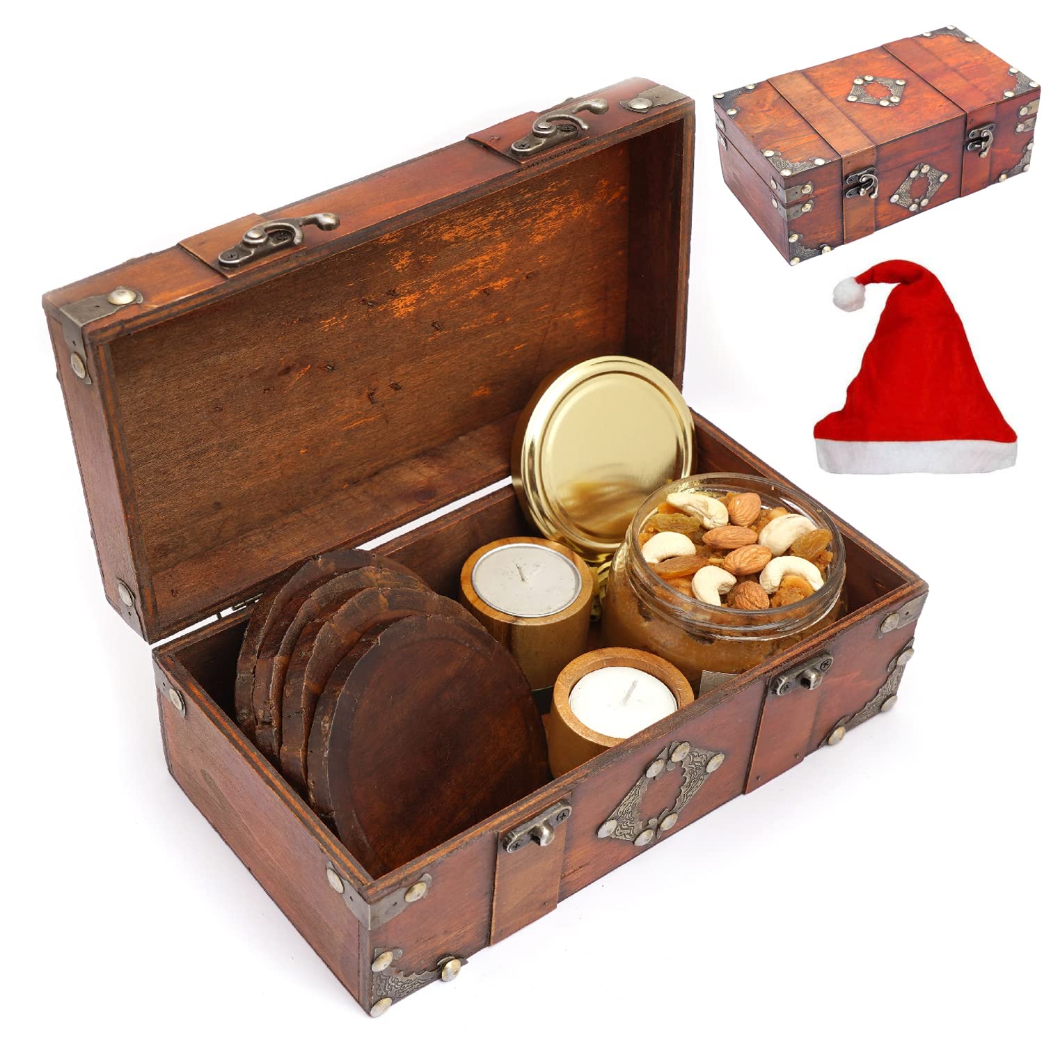 Ghasitaram Gifts Christmas Gifts Vintage Wooden Box containing Jute Pouches of Cashews, Almonds and Pistachios