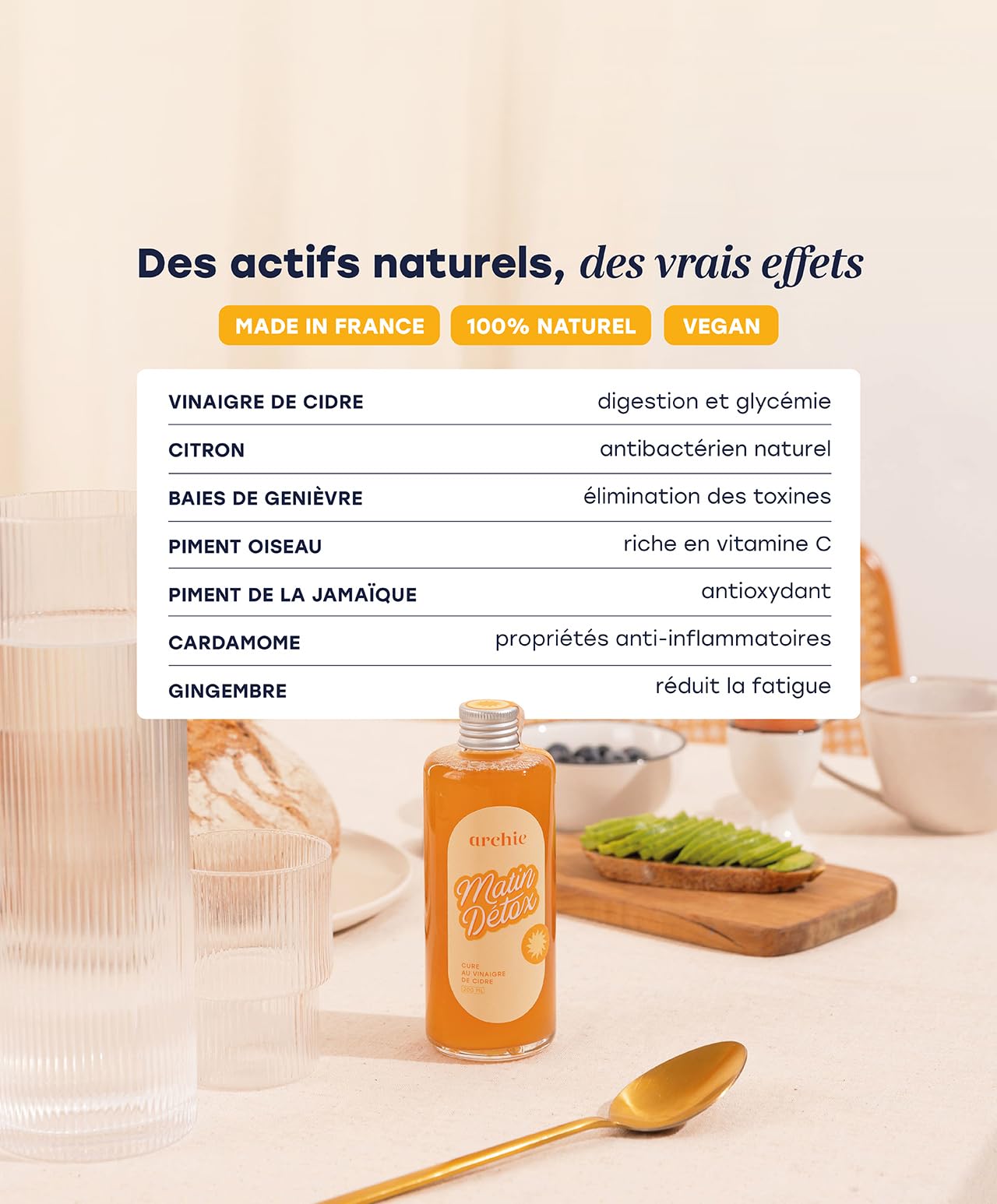 Archie, Cure Matin Detox, Vinaigre de cidre - Gingembre, Citron et Epices. Glycémie, Digestion, Ballonnements, Vitamines. Rituel naturel. Made in France. Cure de 20 jours.