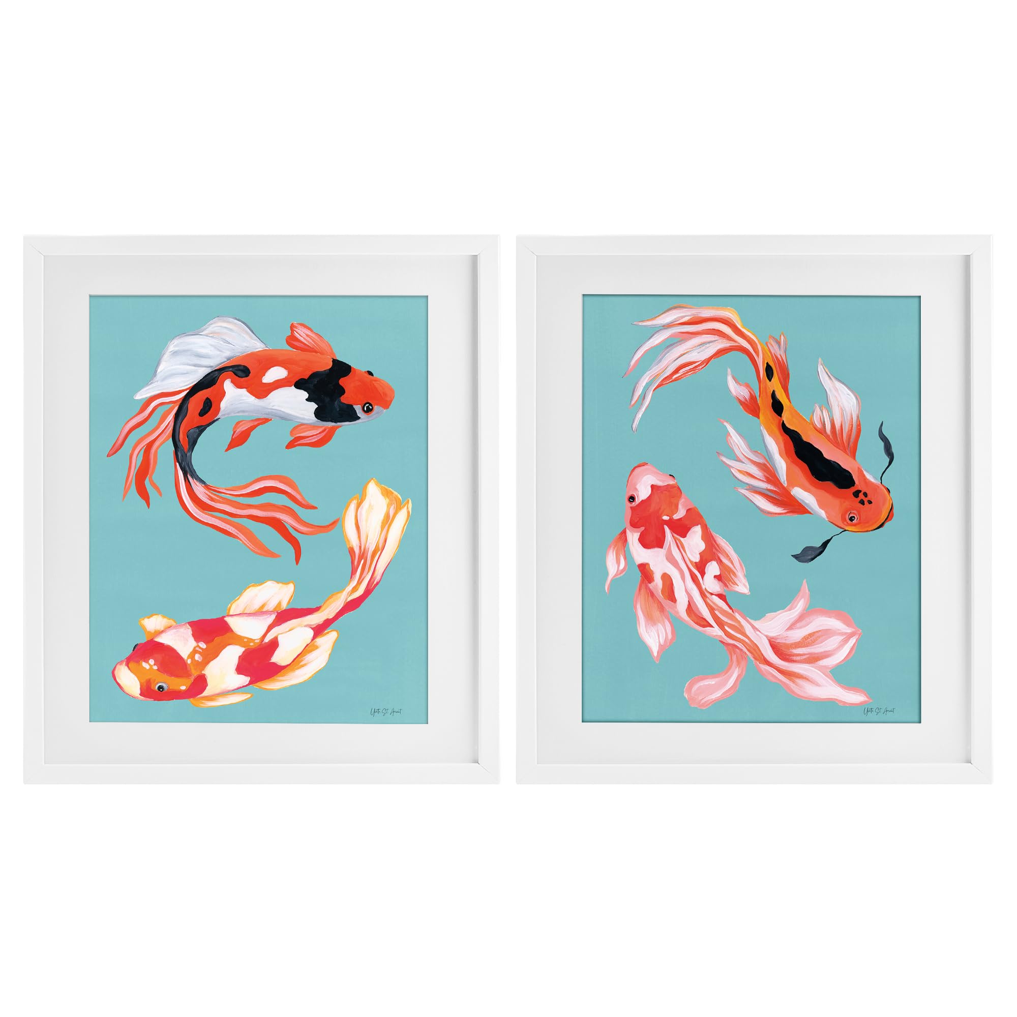 Stupell Industries 'Colorful Twin Koi', 2pc Framed Print Under Glass Set, White, 17 x 21 Inches, Easy to Hang and Sturdy, Made in USA, by Yvette St. Amant