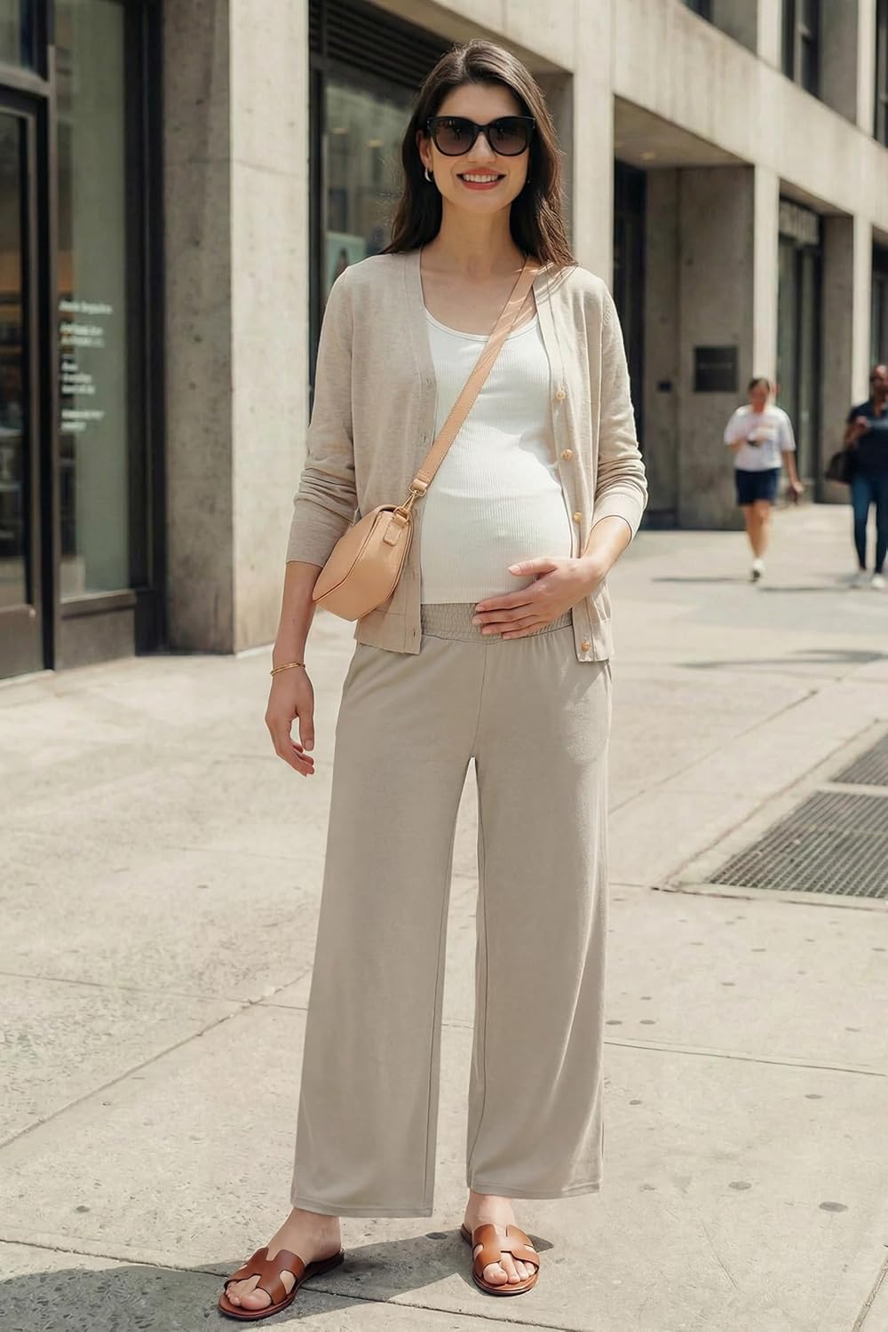 OUGES Womens Lyocell Cotton Maternity Pants Over Belly Smocked Waist Stretchy Casual Wide Leg Palazzo Pants with Pockets